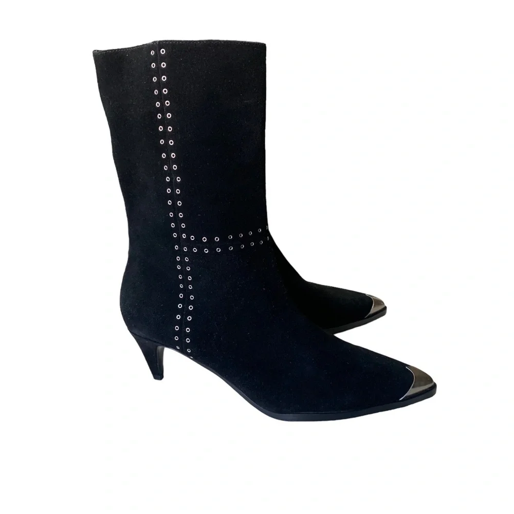 Caverley Collie Black Suede Ankle Boots Silver Toe Cap Women's Size 10 NWOB
